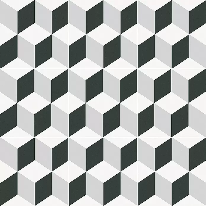 Feinsteinzeugfliese Barcelona Cube - 24,8 x 24,8 cm, Weiß/Schwarz/Grau, Matt - Nahtloses geometrisches Muster aus weißen, hellgrauen und dunkelgrauen Isowürfeln.