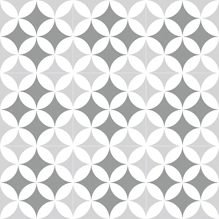 Feinsteinzeugfliese Barcelona Triumph - 24,8 x 24,8 cm, Weiß/Grau, Matt - Graue und weiße Bodenfliesen mit geometrischem Kreismuster, ideal für moderne Innenräume. Stilvolle und langlebige Fliesen.