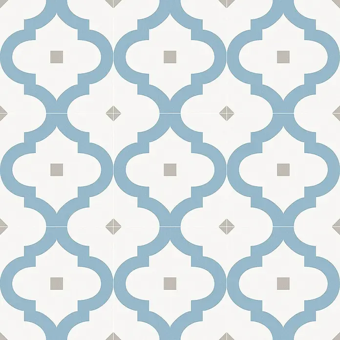 Feinsteinzeugfliese Barcelona Greco - 24,8 x 24,8 cm, Weiß/Blau, Matt - Muster aus blauen, weißen und grauen Zementfliesen, ideal für Badezimmer, Küchen und andere Wohnräume.