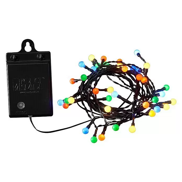 Konstsmide LED-Lichterkette Globes - Außen, Lichtfarbe: Mehrfarbig, Anzahl Leuchtmittel: 40 Stk., Batteriebetrieben - Bunte LED-Lichterkette mit kleinen runden Glühbirnen und einer schwarzen Batterie-/Steuerbox. Die Lichter sind verheddert.