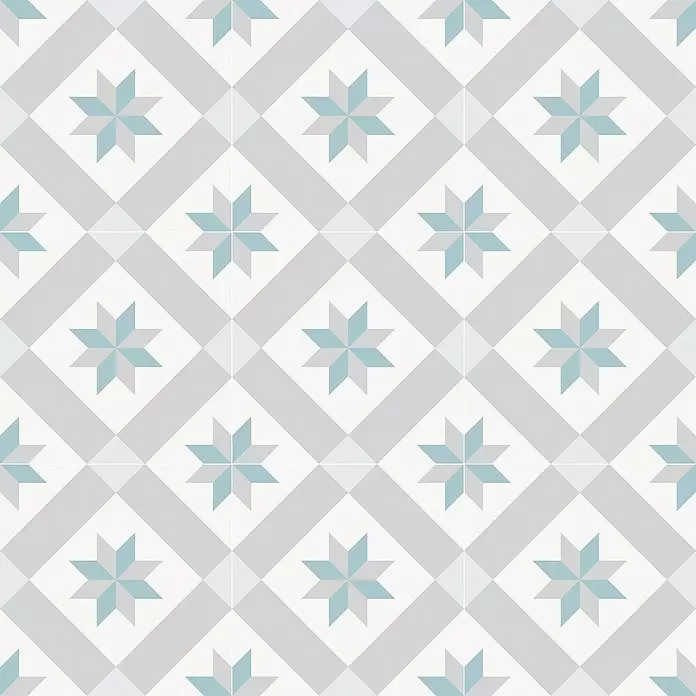 Feinsteinzeugfliese Barcelona Star - 24,8 x 24,8 cm, Grau/Weiß, Matt - Geometrisches Fliesenmuster mit hellblauen und grauen Sternen und Rauten.