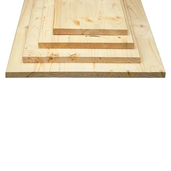 Tablero de madera laminada - Abeto rojo, Nivel de calidad del tablero de madera laminada: B/C, 120 x 20 x 1,8 cm - Primer plano de tablones de madera apilados. Los tablones están sin acabar, mostrando una veta de madera natural y un color claro.