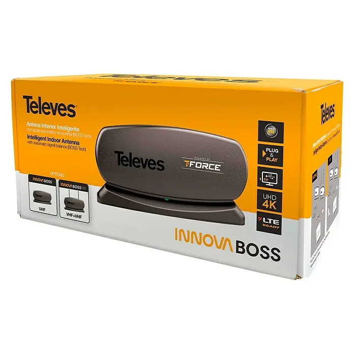 Televés Antena Innova Boss - 10 x 10 x 21 cm, Negro - Imagen de la Televes Innova BOSS, una antena inteligente de interior con equilibrio automático de señal para una recepción óptima.