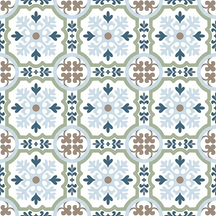 Feinsteinzeugfliese Cordoba Posada - 24,8 x 24,8 cm, Bunt, Matt - Ein nahtloses Muster mit floralen Fliesen in Blau-, Grün- und Brauntönen, ideal für ein Vintage- oder Retro-Design.