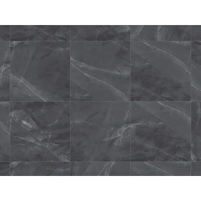 Opiart Feinsteinzeugfliese Nero - 59,7 x 59,7 cm, Anthrazit, Glänzend - Nahaufnahme von grauen Fliesen mit Marmormuster, die eine elegante und moderne Bodenfläche bilden. Perfekt für stilvolle Innenräume.