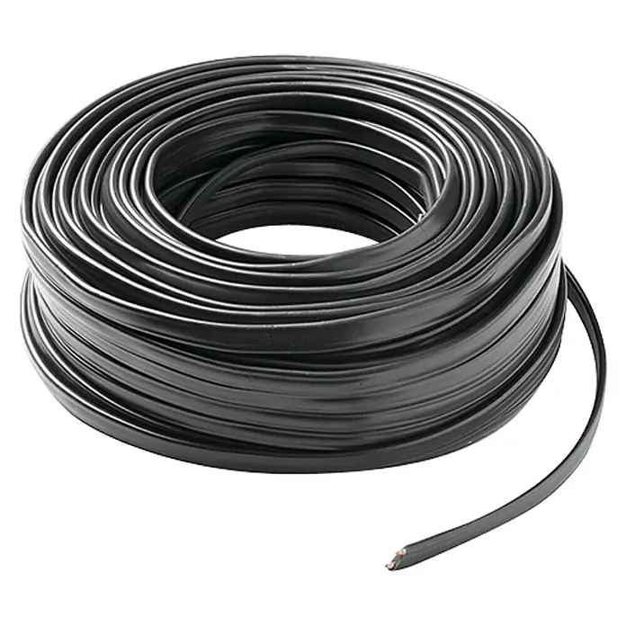 Famatel Cable enfundado - Número de cables: 2, 1,5 mm², 50 m - Un rollo de cable plano negro, enrollado y listo para cablear altavoces u otros dispositivos electrónicos.