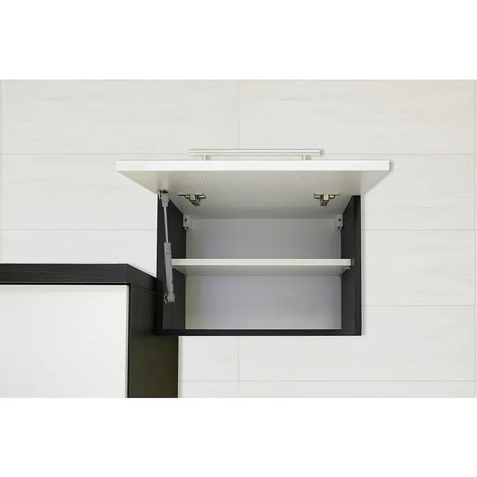Respekta Premium Küchenzeile RP280ESCBO - Breite: 280 cm, Schwarz, Mit Elektrogeräten - Hier ist ein offener Wandschrank in Schwarz und Weiß. Der Schrank ist mit einem Regal ausgestattet und verfügt über eine Gasdruckfeder.