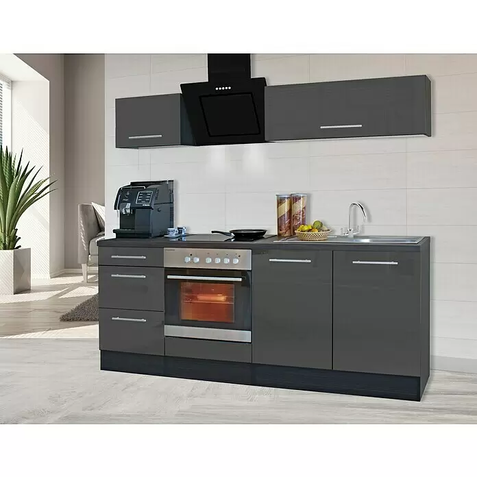Respekta Premium Composición de cocina Amanda - Ancho: 210 cm, Roble/Gris, Con electrodomésticos - Cocina compacta gris antracita brillo con horno, vitrocerámica, fregadero y armarios superiores, en cocina moderna.