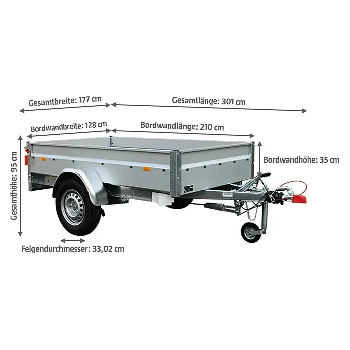 Stema Anhänger BASIC STL 1000-21-13 - Nutzlast: 781 kg, Einachser, Kasteninnenmaß: 210 x 128 x 35 cm, Gebremst - Abbildung eines Anhängers mit Größenangaben in Zentimetern für Breite, Länge und Höhe.