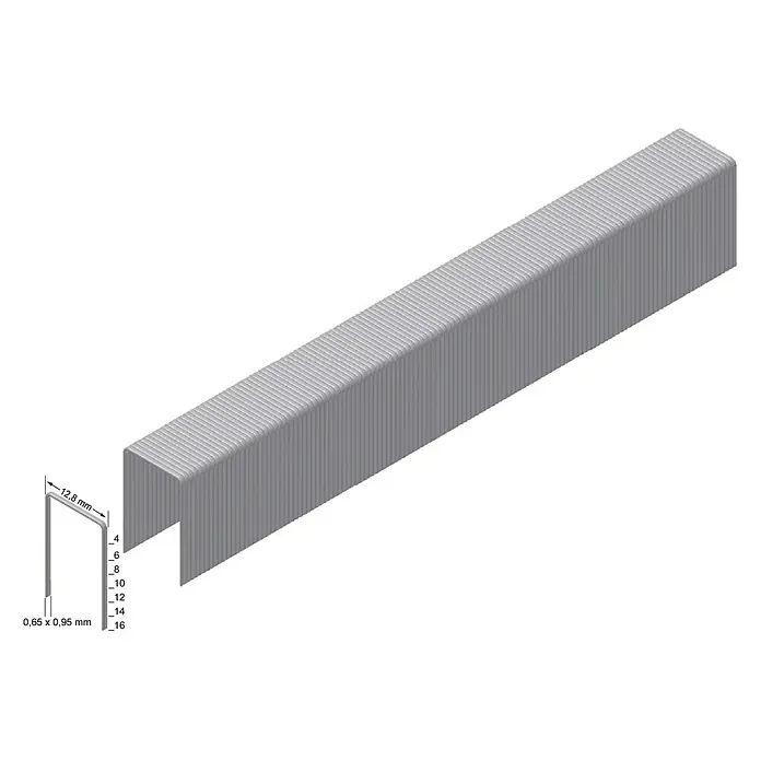 Prebena Heftklammer Typ A - Länge: 10 mm, Rückenbreite: 12,9 mm, 3.000 Stk. - Nahaufnahme von einer Reihe Heftklammern. Eine einzelne Klammer ist daneben dargestellt, die die Maße veranschaulicht.