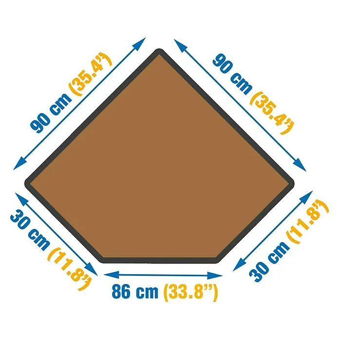 Simonrack Maderclick Estantería esquinera Corner - Al x An x Pr: 90 x 90 x 50 cm, Capacidad de carga por balda: 200 kg, Número de baldas: 3 ud., Inserción, Azul/Naranja - Ilustración de una alfombra pentagonal con dimensiones de 90 cm x 90 cm x 86 cm x 30 cm x 30 cm.
