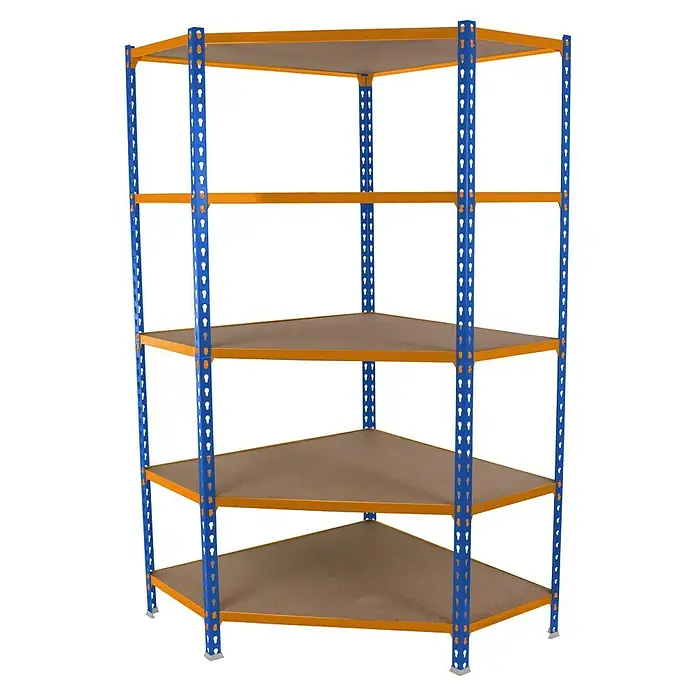 Simonrack Maderclick Estantería esquinera Corner - Al x An x Pr: 180 x 90 x 40 cm, Capacidad de carga por balda: 200 kg, Número de baldas: 5 ud., Inserción, Azul/Naranja - Estantería esquinera con cinco estantes, estructura metálica azul y bordes naranjas. Ideal para optimizar el espacio en esquinas.