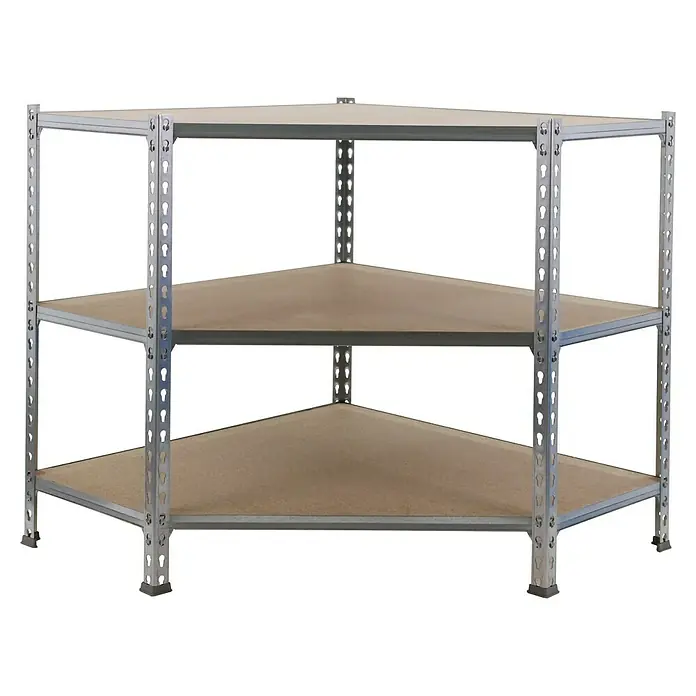 Simonrack Maderclick Estantería esquinera Corner - Al x An x Pr: 90 x 90 x 40 cm, Capacidad de carga por balda: 200 kg, Número de baldas: 3 ud., Inserción, Galvanizado - Estantería esquinera triangular con tres estantes de madera y un marco metálico resistente. Solución de almacenamiento práctica para esquinas.