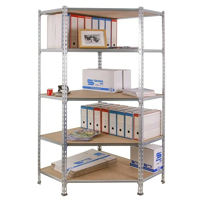 Simonrack Maderclick Estantería esquinera Corner - Al x An x Pr: 180 x 90 x 40 cm, Capacidad de carga por balda: 200 kg, Número de baldas: 5 ud., Inserción, Galvanizado - Foto de producto de una estantería metálica robusta con estantes de madera, perfecta para guardar carpetas, cajas y material de oficina.