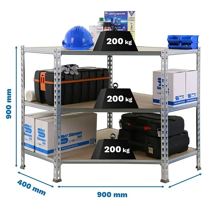 Simonrack Maderclick Estantería esquinera Corner - Al x An x Pr: 90 x 90 x 40 cm, Capacidad de carga por balda: 200 kg, Número de baldas: 3 ud., Inserción, Galvanizado - Estantería de tres niveles con herramientas, artículos de limpieza y cajas, marcada con una capacidad de carga de 200 kg por nivel.