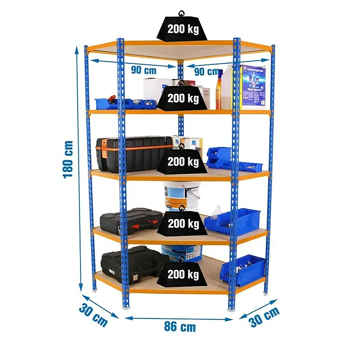 Simonrack Maderclick Estantería esquinera Corner - Al x An x Pr: 180 x 90 x 30 cm, Capacidad de carga por balda: 200 kg, Número de baldas: 5 ud., Inserción, Azul/Naranja - Imagen de una estantería de esquina de cinco niveles, capaz de soportar hasta 200 kg por nivel, para almacenar herramientas y materiales en un almacén o taller.