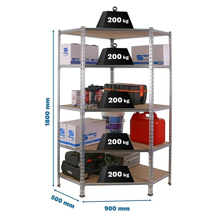 Simonrack Maderclick Estantería esquinera Corner (Al x An x Pr: 180 x 90 x 50 cm, Capacidad de carga por balda: 200 kg, Número de baldas: 5 ud., Inserción, Galvanizado) | BAUHAUS