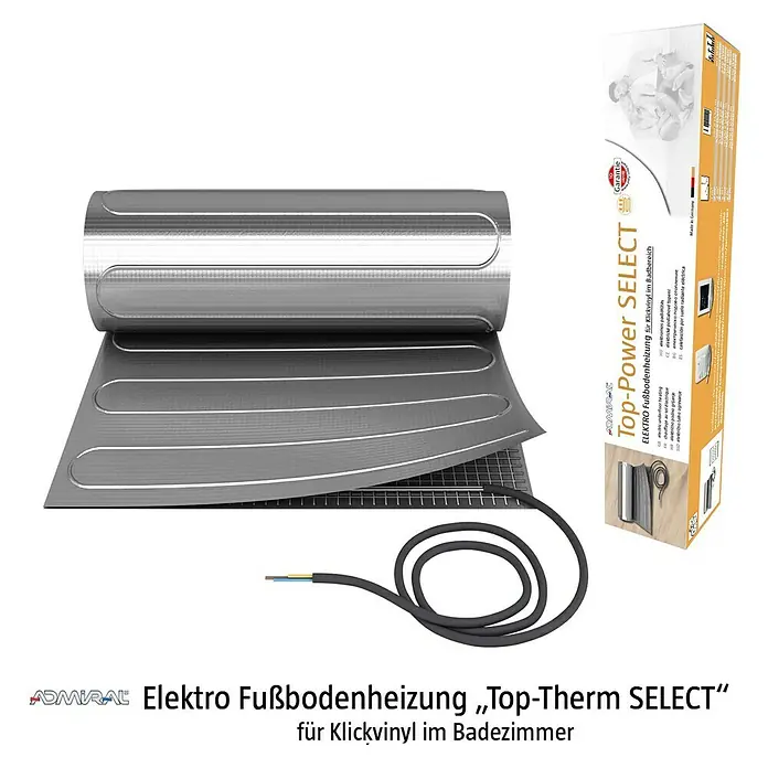 Admiral Fußbodenheizung Top-Power Select - L x B: 2 x 0,5 m, Beheizbare Fläche: 1 m², 80 W - Das Bild zeigt eine elektrische Fußbodenheizung "Top-Therm SELECT" für Klickvinyl im Badezimmer von Admiral.