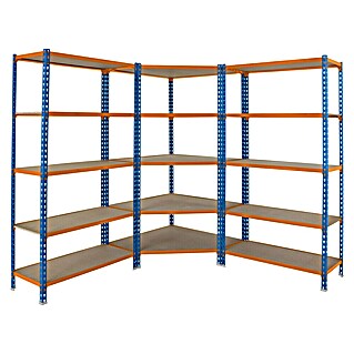 Simonrack Maderclick Set de estantería esquinera Corner (Al x An x Pr: 180 x 180 x 50 cm, Capacidad de carga por balda: 150 kg, Número de baldas: 15 ud., Inserción, Azul/Naranja)