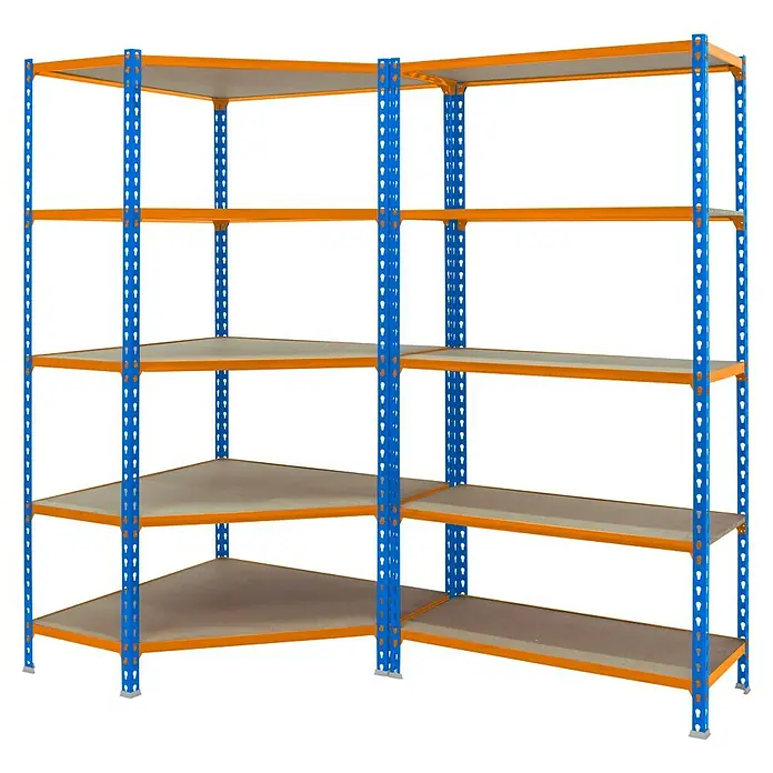 Simonrack Maderclick Set de estanterías Corner - Al x An x Pr: 180 x 90 x 40 cm, Capacidad de carga por balda: 150 kg, Número de baldas: 10 ud., Inserción, Azul/Naranja - Vista de estanterías metálicas resistentes azules y naranjas con estantes de madera para almacenamiento y organización.