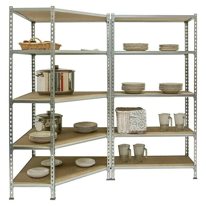 Simonrack Maderclick Set de estanterías Corner - Al x An x Pr: 180 x 90 x 30 cm, Capacidad de carga por balda: 150 kg, Número de baldas: 10 ud., Inserción, Galvanizado - Estantería de cocina metálica con estantes de madera, llena de platos, ollas y vasos. Ideal para la organización de la cocina y almacenamiento de utensilios.