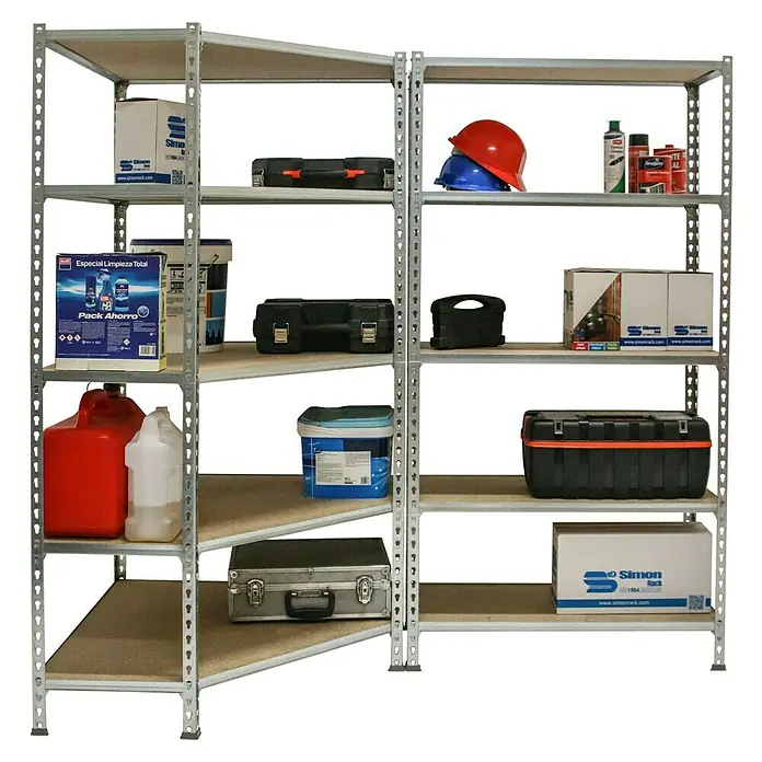 Simonrack Maderclick Set de estanterías Corner - Al x An x Pr: 180 x 90 x 30 cm, Capacidad de carga por balda: 150 kg, Número de baldas: 10 ud., Inserción, Galvanizado - Imagen de una robusta estantería metálica con estantes de madera, cargada con herramientas y varios contenedores.