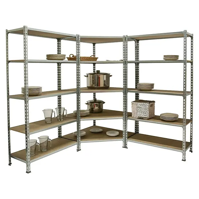 Simonrack Maderclick Set de estanterías Corner - Al x An x Pr: 180 x 180 x 40 cm, Capacidad de carga por balda: 150 kg, Número de baldas: 15 ud., Inserción, Galvanizado - Esta imagen muestra una estantería de esquina con ollas, platos y vasos. La estantería tiene varios estantes y está hecha de metal.