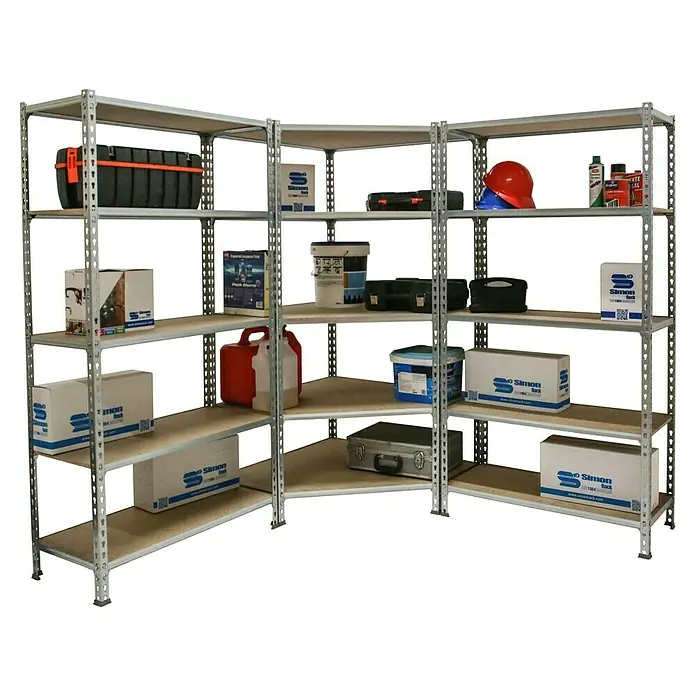 Simonrack Maderclick Set de estanterías Corner - Al x An x Pr: 180 x 180 x 40 cm, Capacidad de carga por balda: 150 kg, Número de baldas: 15 ud., Inserción, Galvanizado - Imagen de una estantería de esquina con herramientas, contenedores y cajas, situada en un almacén o taller.