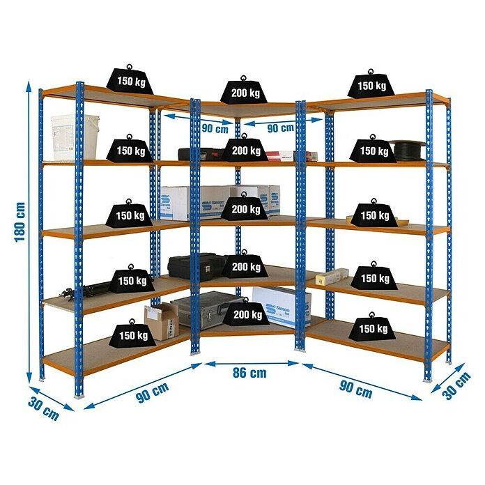 Simonrack Maderclick Set de estantería esquinera Corner (Al x An x Pr: 180 x 180 x 30 cm, Capacidad de carga por balda: 150 kg, Número de baldas: 15 ud., Inserción, Azul/Naranja) | BAUHAUS