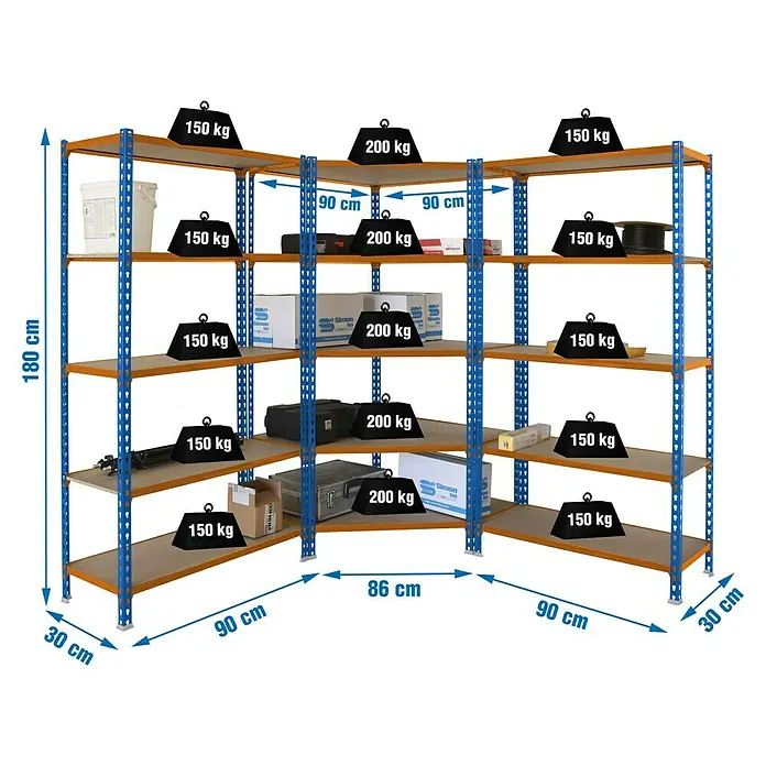 Simonrack Maderclick Set de estanterías Corner - Al x An x Pr: 180 x 180 x 30 cm, Capacidad de carga por balda: 150 kg, Número de baldas: 15 ud., Inserción, Azul/Naranja - Una estantería esquinera de cuatro niveles cargada con pesos de 150 kg y 200 kg para demostrar su capacidad de carga.