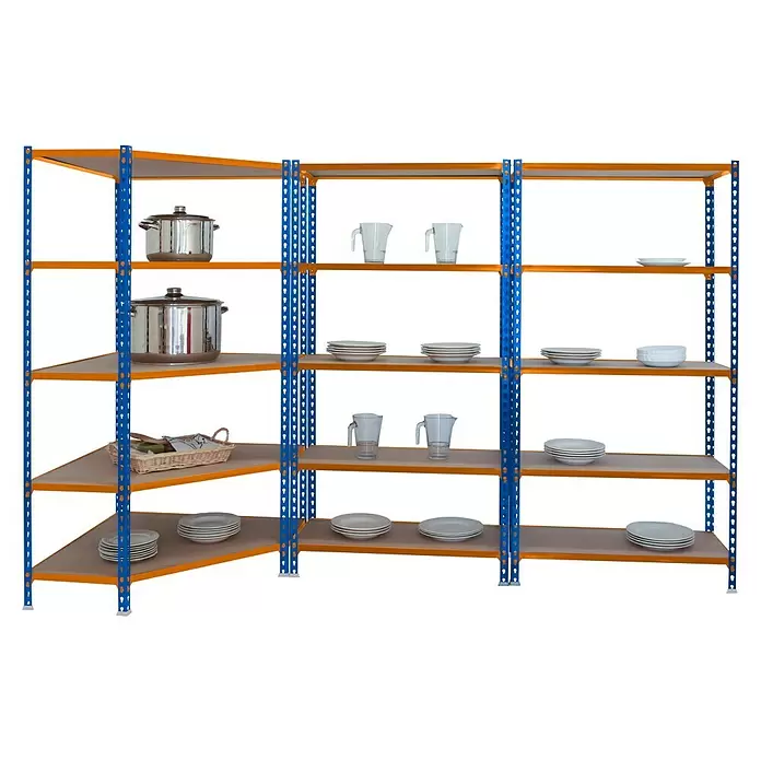 Simonrack Maderclick Set de estanterías Corner - Al x An x Pr: 180 x 180 x 50 cm, Capacidad de carga por balda: 150 kg, Número de baldas: 15 ud., Inserción, Azul/Naranja - Estanterías metálicas azules y naranjas con ollas, platos, cuencos y jarras de cristal de cocina.