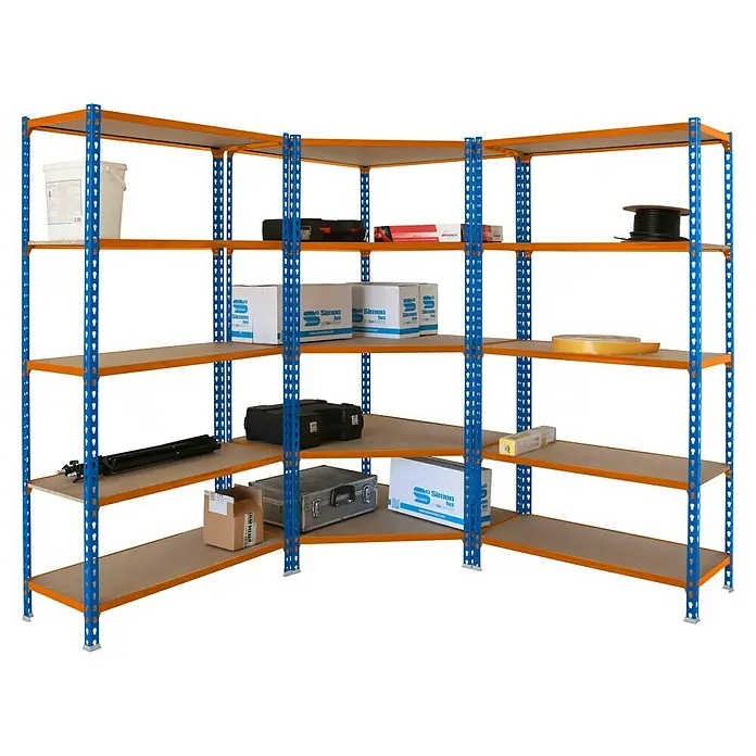 Simonrack Maderclick Set de estanterías Corner - Al x An x Pr: 180 x 180 x 50 cm, Capacidad de carga por balda: 150 kg, Número de baldas: 15 ud., Inserción, Azul/Naranja - Una estantería de esquina con varios artículos expuestos en ella. La estantería es azul y naranja y tiene múltiples estantes para almacenamiento.