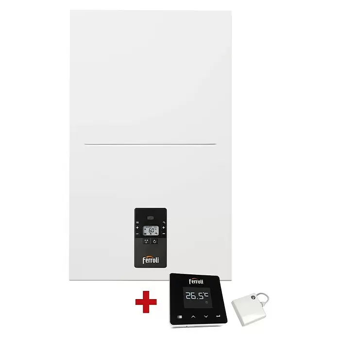 Ferroli Caldera BlueHelix Alpha 28C con instalación incluida - 24,5 kW, 8 l, Display multifunción - Caldera blanca con panel de control integrado, un termostato inteligente separado (26.5°C) y un sensor blanco.