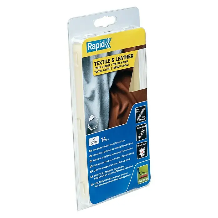Rapid Klebepatronen - Länge Klebepatronen: 190 mm, 14 Stk. - Rapid Textil & Leder Klebestifte im Blisterpack. Lösungsmittelfrei, stark klebend und hohe Effizienz für schnelle Reparaturen an Textilien und Leder.