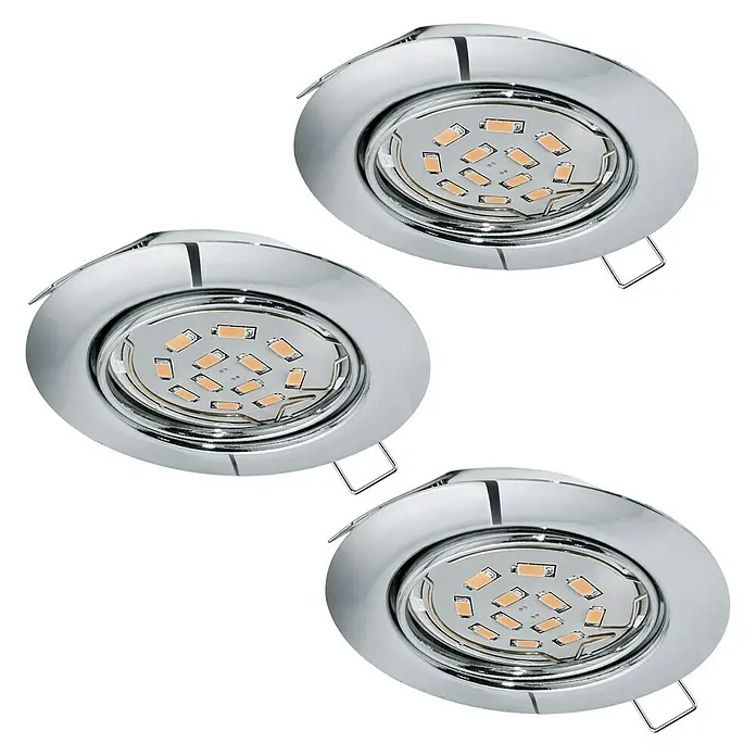 Eglo LED-Einbauleuchten-Set rund Peneto - Warmweiß, Durchmesser: 87 mm, Einbaudurchmesser: 70 mm - Nahaufnahme von drei runden LED-Einbauleuchten mit glänzender Chromoberfläche auf schwarzem Hintergrund.