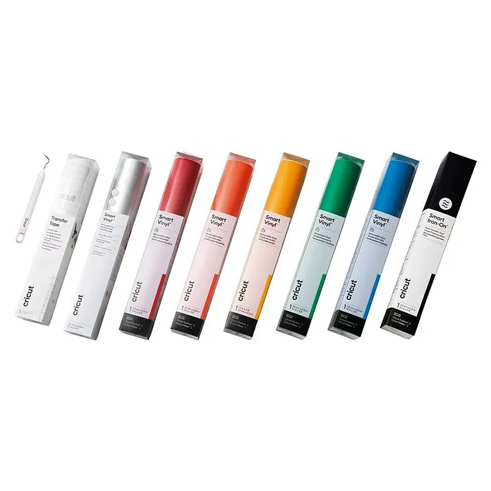 Cricut Vinylfolie Material Starter Bundle - 9 -tlg., Bunt - Vielfalt von Cricut-Produkten: Werkzeug, Transferband, verschiedene Farben von Smart Vinyl und Smart Iron-On für kreative Projekte.
