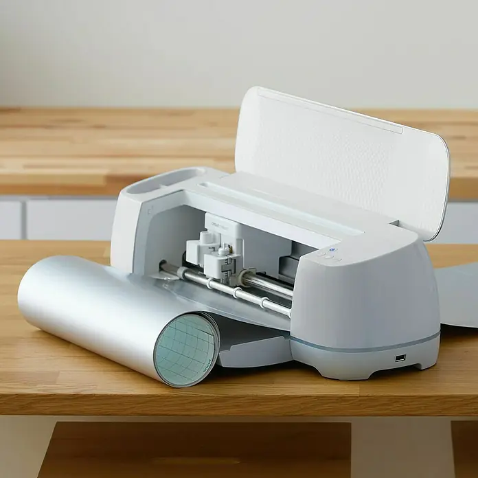 Cricut Vinylfolie Material Starter Bundle - 9 -tlg., Bunt - Ein Cricut Schneideplotter mit einer Rolle Vinylfolie auf einem Holztisch. Ideal für DIY-Projekte und personalisierte Geschenke.