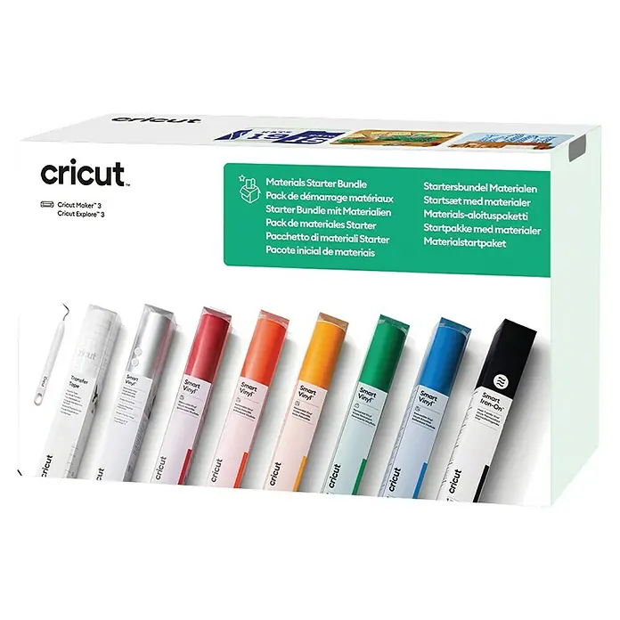 Cricut Vinylfolie Material Starter Bundle - 9 -tlg., Bunt - Cricut Material-Starterpaket mit Werkzeugen und verschiedenen Smart Vinyl Rollen in unterschiedlichen Farben für Bastelprojekte.