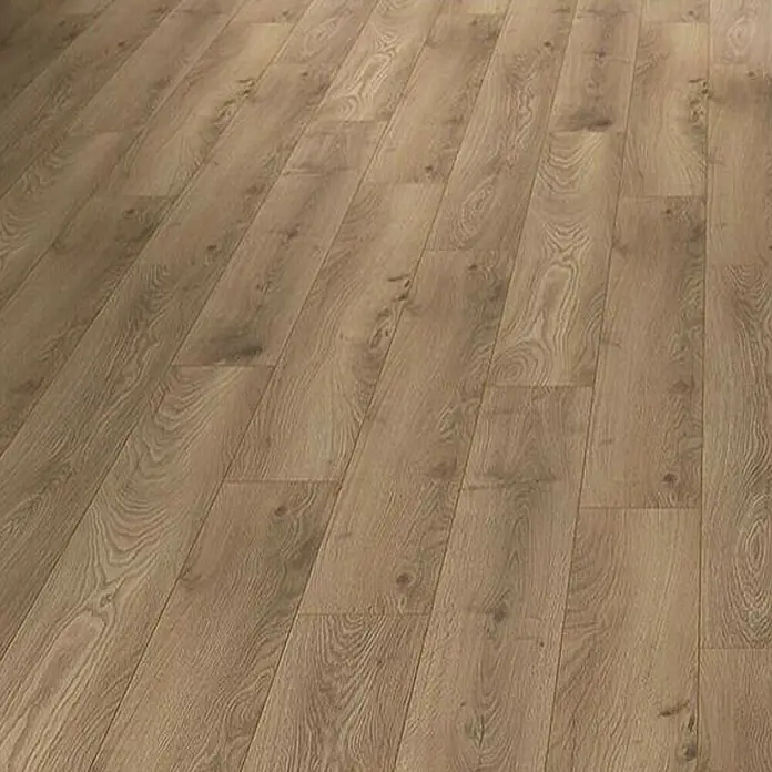 Krono Original Laminat Atlantic 12 - Haybridge Oak, Landhausdiele, 1.288 x 195 x 12 mm - Nahaufnahme eines Laminatbodens in warmen Brauntönen, der eine natürliche Holzoptik mit Maserung und Textur aufweist.