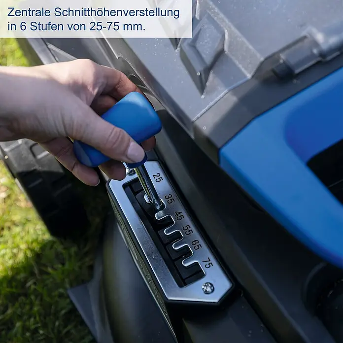 Scheppach IXES 20V Akku-Rasenmäher BC-MP430-X Set XL2 - 20 V, 2 Akkus, 4 Ah, Schnittbreite: 430 mm - Detailaufnahme eines Rasenmähers mit zentraler Schnitthöhenverstellung in 6 Stufen von 25-75 mm.