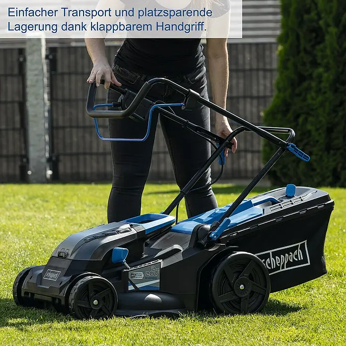 Scheppach IXES 20V Akku-Rasenmäher BC-MP430-X Set XL2 - 20 V, 2 Akkus, 4 Ah, Schnittbreite: 430 mm - Scheppach Akku-Rasenmäher mit klappbarem Handgriff für einfachen Transport und platzsparende Lagerung.