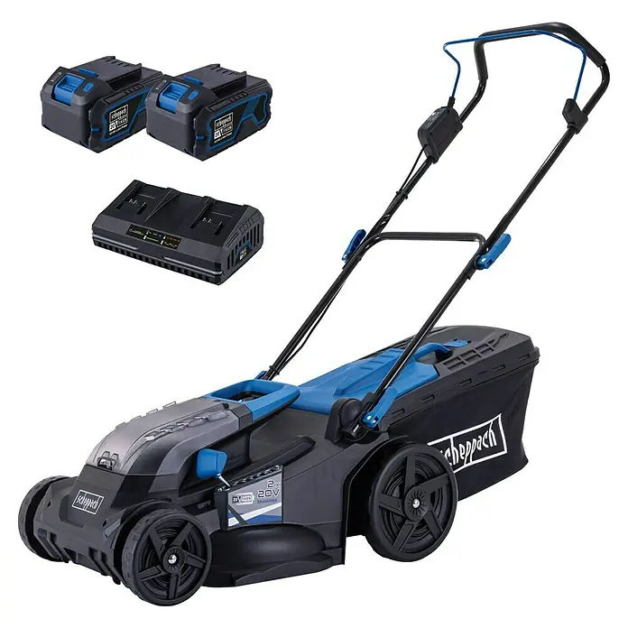 Scheppach IXES 20V Akku-Rasenmäher BC-MP430-X Set XL2 - 20 V, 2 Akkus, 4 Ah, Schnittbreite: 430 mm - Akkurasenmäher mit zwei Akkus und Ladegerät, ideal für kabelloses und effizientes Rasenmähen.