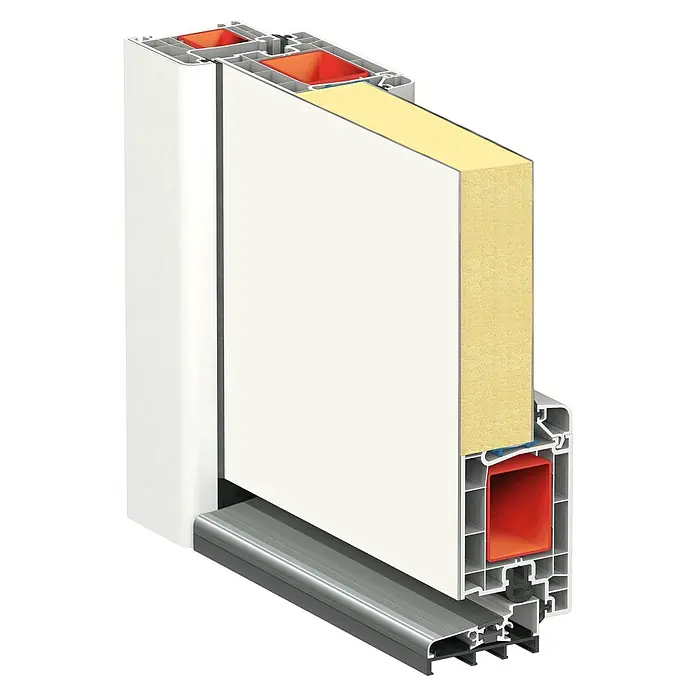 Solid Elements Haustür 7003 - 110 x 210 cm, DIN Anschlag: Rechts, Verkehrsweiß - Detailansicht einer Türkonstruktion im Querschnitt, die die Isolierung und Bauweise des Türsystems zeigt.