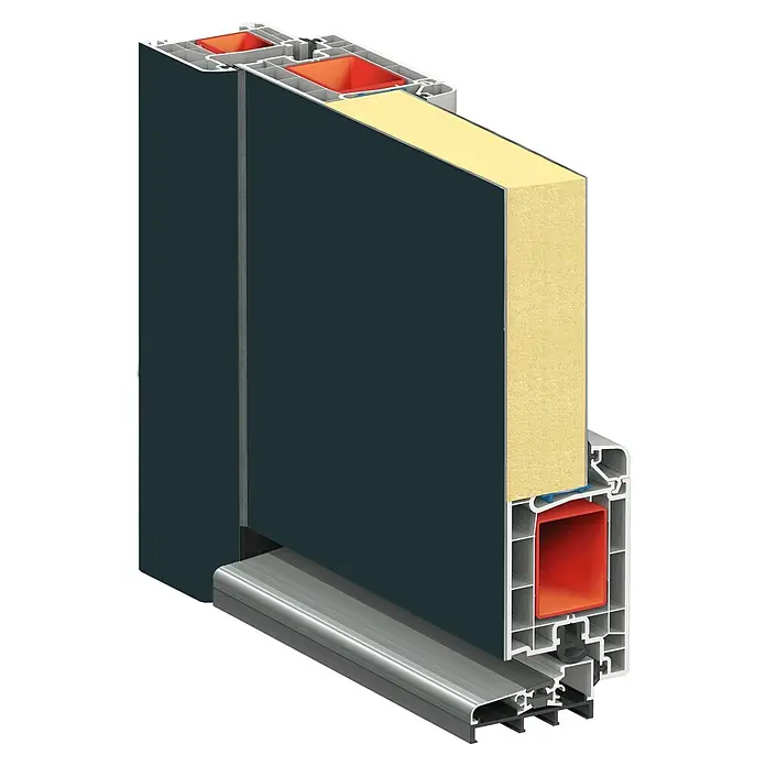 Solid Elements Haustür 7003 - 110 x 210 cm, DIN Anschlag: Links, Anthrazitgrau/Weiß - Detailaufnahme eines Haustür-Querschnitts, das die Konstruktion mit Dämmung und Profilen zeigt. Einblick in moderne Türbautechnik für hohe Ansprüche.