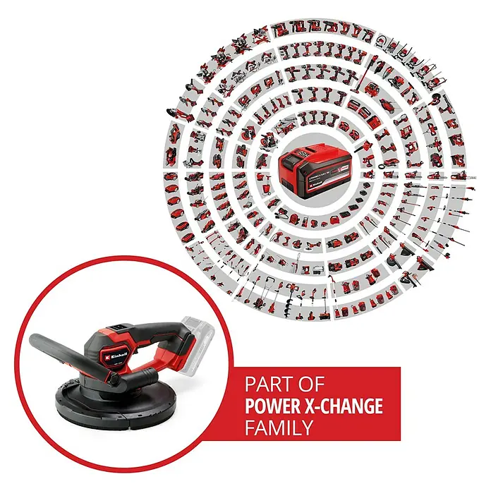 Einhell Professional Power X-Change 18V Akku-Trockenbauschleifer TP-DWS 18/225 Li BL Solo - 18 V, Ohne Akku - Produktbild eines Einhell Exzenterschleifers, Teil der Power X-Change Familie, dargestellt mit anderen Werkzeugen.