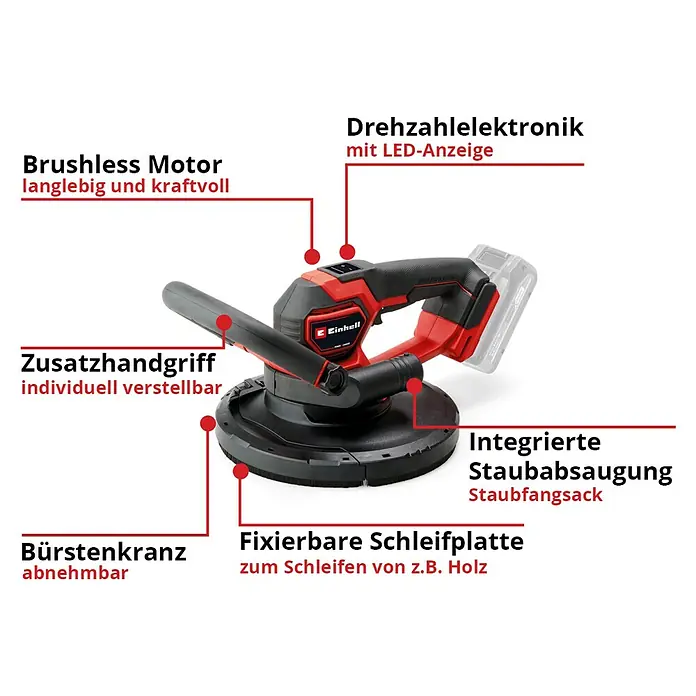 Einhell Professional Power X-Change 18V Akku-Trockenbauschleifer TP-DWS 18/225 Li BL Solo - 18 V, Ohne Akku - Abbildung eines Einhell Akku-Wand- und Deckenschleifers mit verschiedenen Beschriftungen zu den Produktmerkmalen.