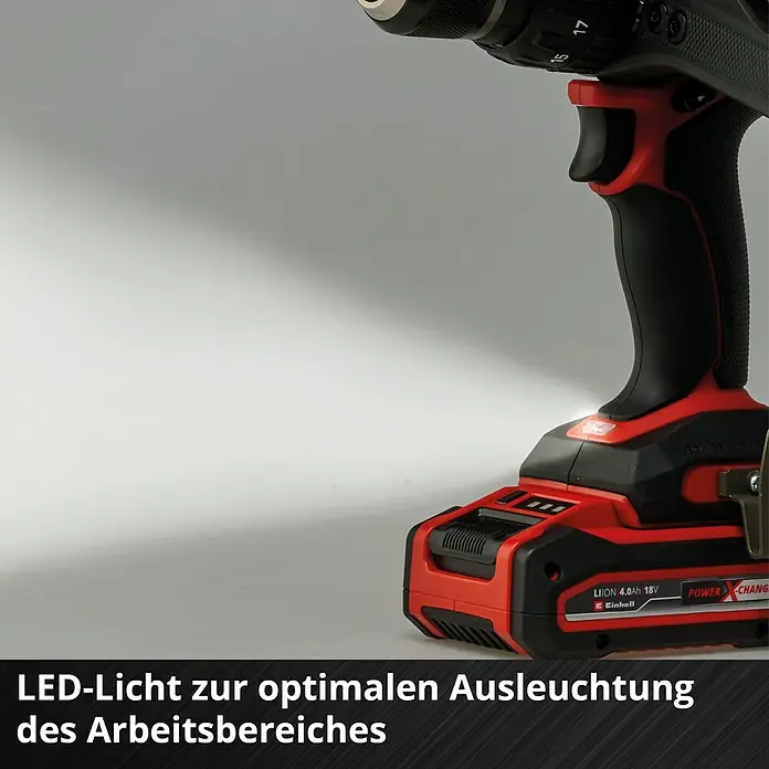 Einhell Professional Power X-Change 18V Akku-Schlagbohrschrauber TP-CD 18/120 Solo - 18 V, Ohne Akku, 120 Nm - Akku-Bohrschrauber mit LED-Licht für optimale Ausleuchtung. Das Gerät ist rot/schwarz mit einem 4.0Ah 18V Akku.