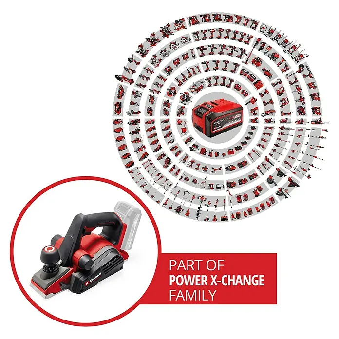 Einhell Power X-Change 18V Akku-Hobel TP-PL 18/3 LI BL - Solo - 18 V, Ohne Akku, Hobeltiefe: 3 mm, 12.000 U/min - Einhell Hobelmaschine im Vordergrund, Teil der Power X-Change Familie, mit einer Batterie im Hintergrund, umgeben von anderen Werkzeugen.