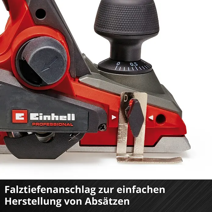 Einhell Power X-Change 18V Akku-Hobel TP-PL 18/3 LI BL - Solo - 18 V, Ohne Akku, Hobeltiefe: 3 mm, 12.000 U/min - Falztiefenanschlag der Einhell Hobelmaschine zur einfachen Herstellung von Absätzen.