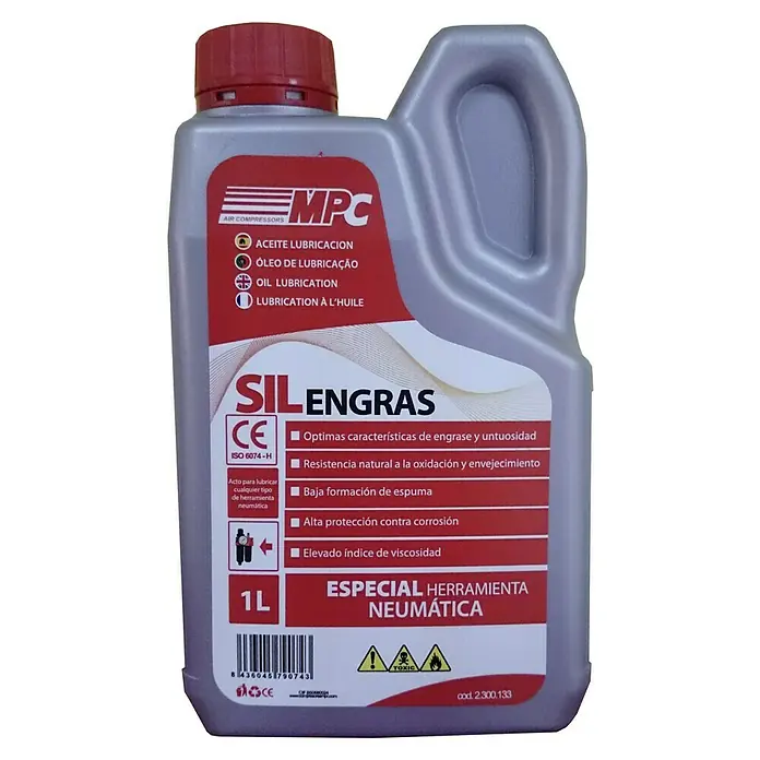 MPC Aceite Herramientas neumáticas - 1 l - Bote de aceite de un litro de MPC Air Compressors "SIL ENGRAS", especial para herramientas neumáticas, con símbolos de peligro tóxico.